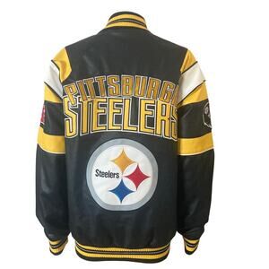 Pittsburgh Steelers G-III NFL Faux Leather Varsity Bomber Jacket XS Black Gold